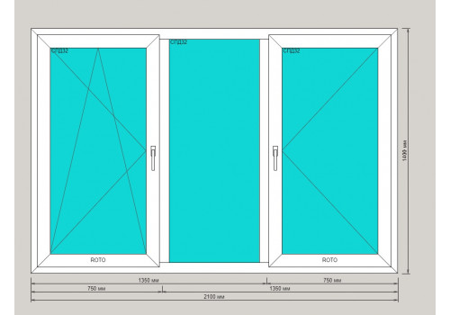 Окно ПВХ 3х камерное 2100х1400 2х створчатое ( поворотная и поворотно откидная)